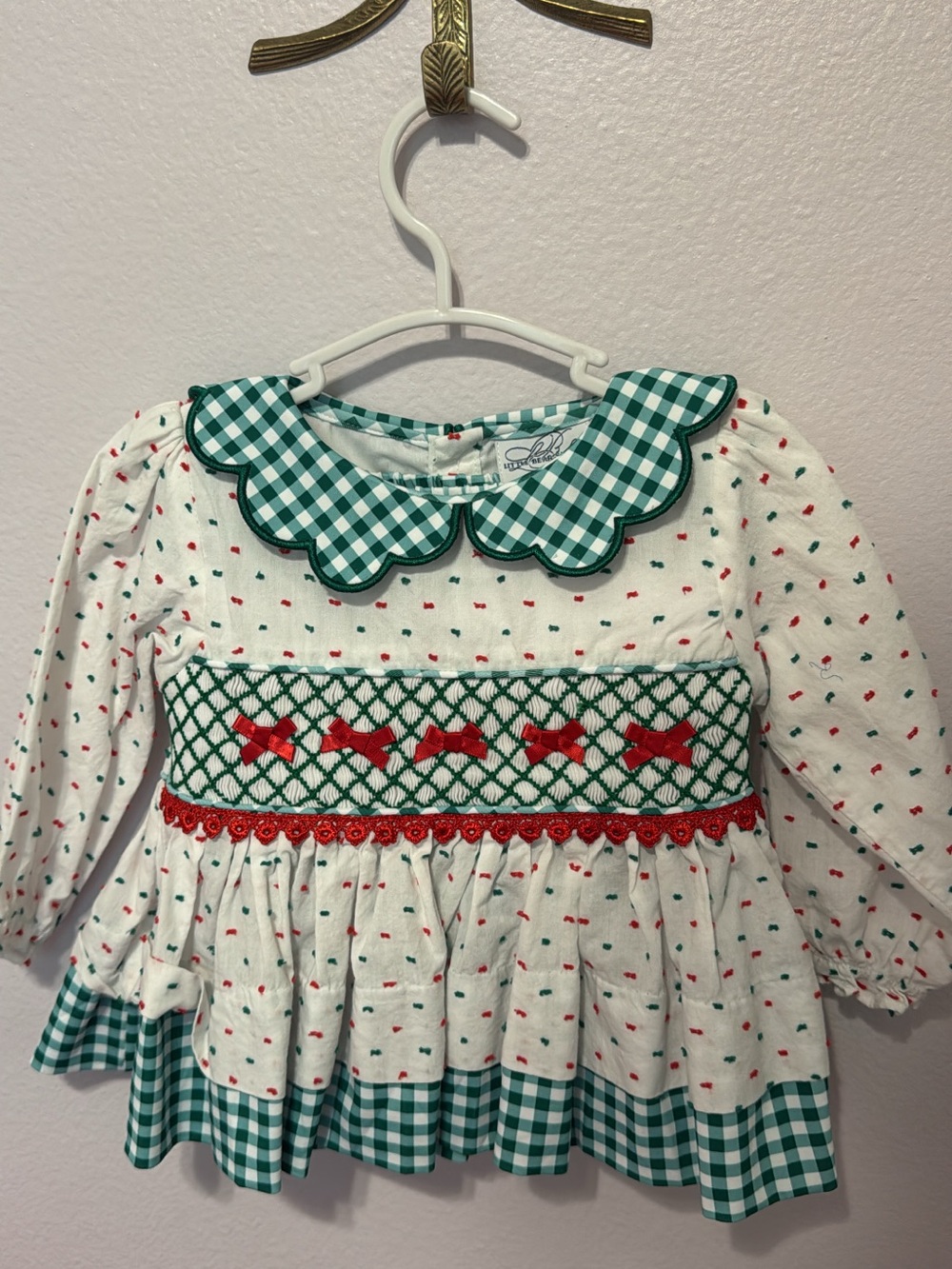 18M baby girl diaper set -White & Green Smocked Holiday Tunic with Red Accents